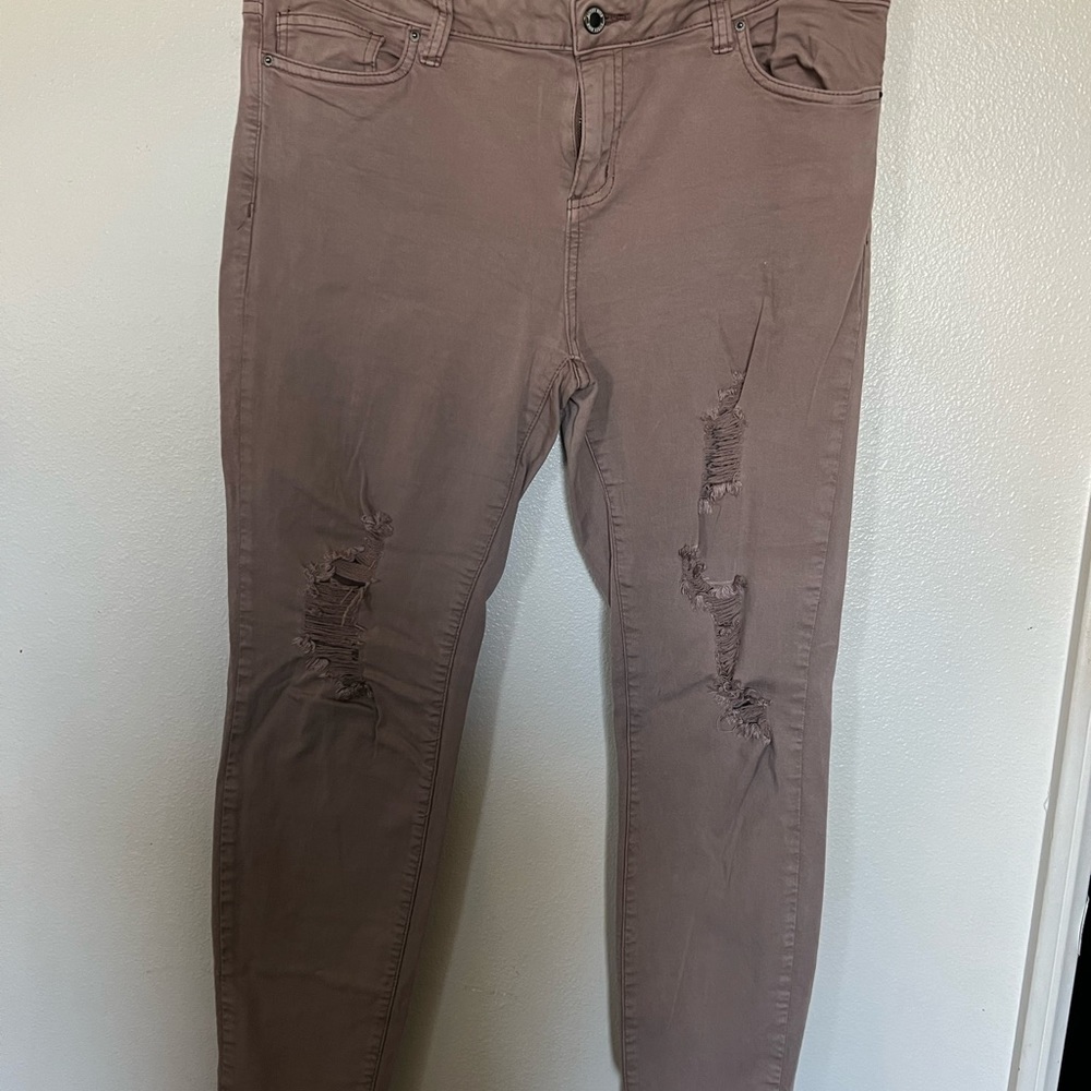 Jeans, stretchy, stone pink, ripped, skinny leg, regular length, size 13.